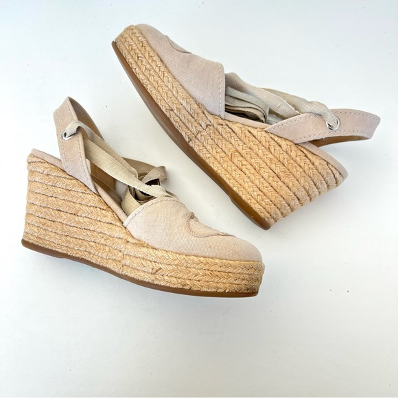 PRADA Beige Canvas Ankle Strap Lace Wrap Platform Wedges Sandal Espadrille Sz 38 - Picture 8 of 15